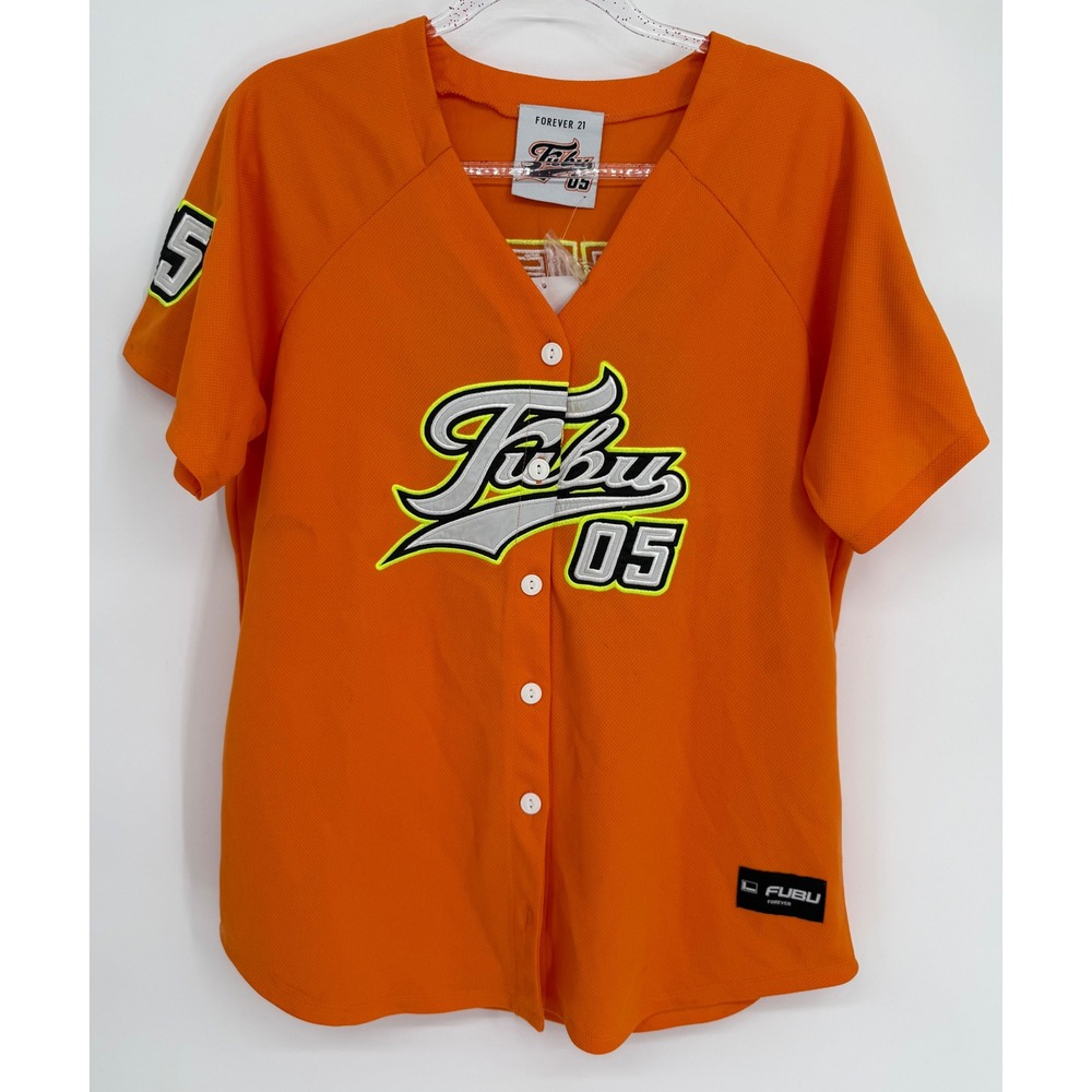 Forever 21 x FUBU Orange Mesh Baseball Jersey Button Up Graphic Top Womens Sz M